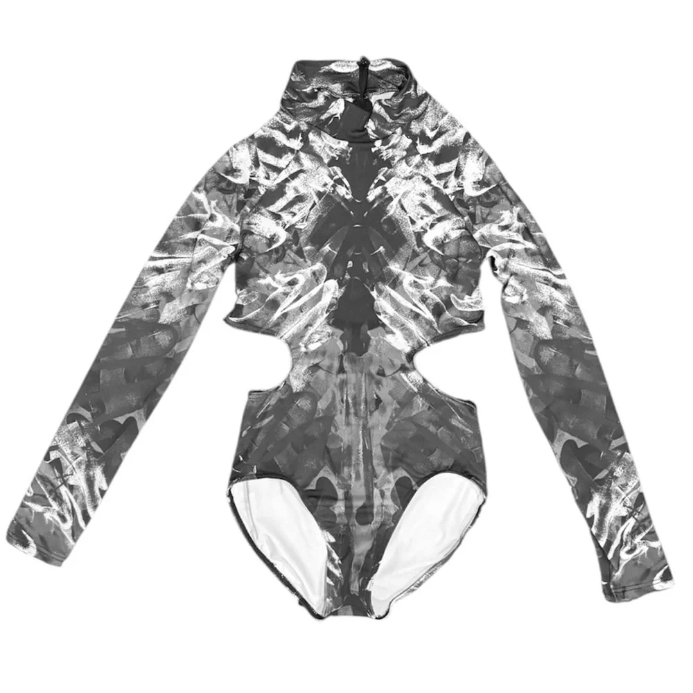 Weissman Elite | Ink Blot Print Leotard Gray and White Long Sleeve Cutout, SA - Picture 3 of 5